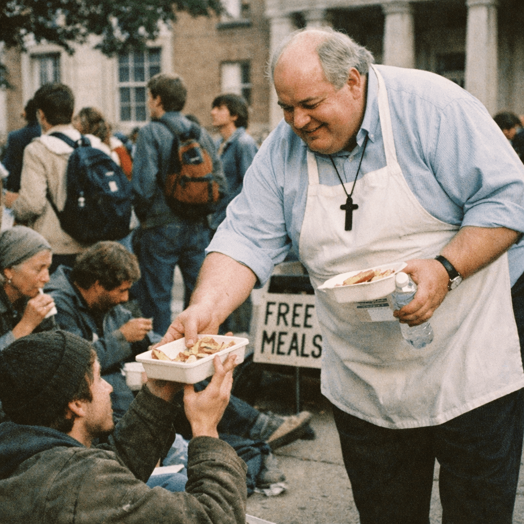 Volunteer serving food to a person in need at a free meal service.