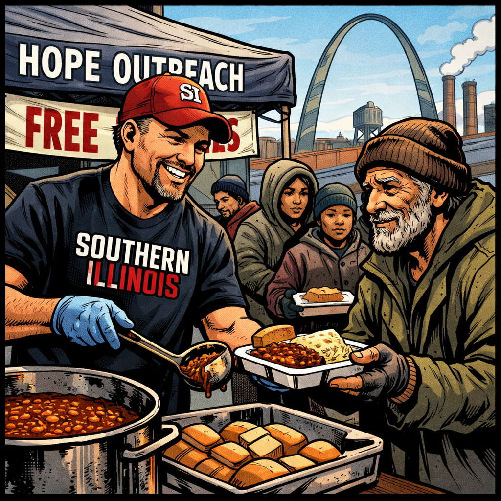 Volunteer ladling beans onto a food tray for an elderly man at a free meal outreach