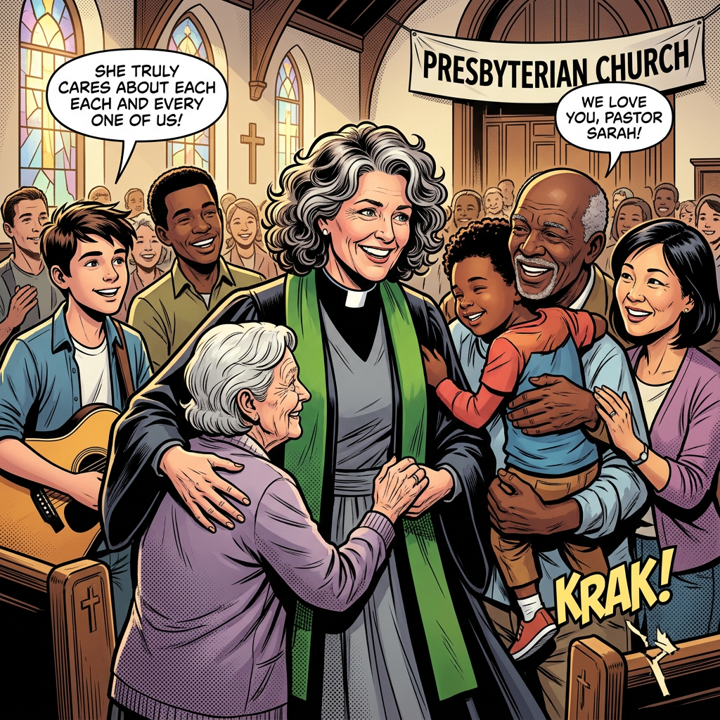 Pastor Sarah warmly embraced by diverse church members in Presbyterian Church