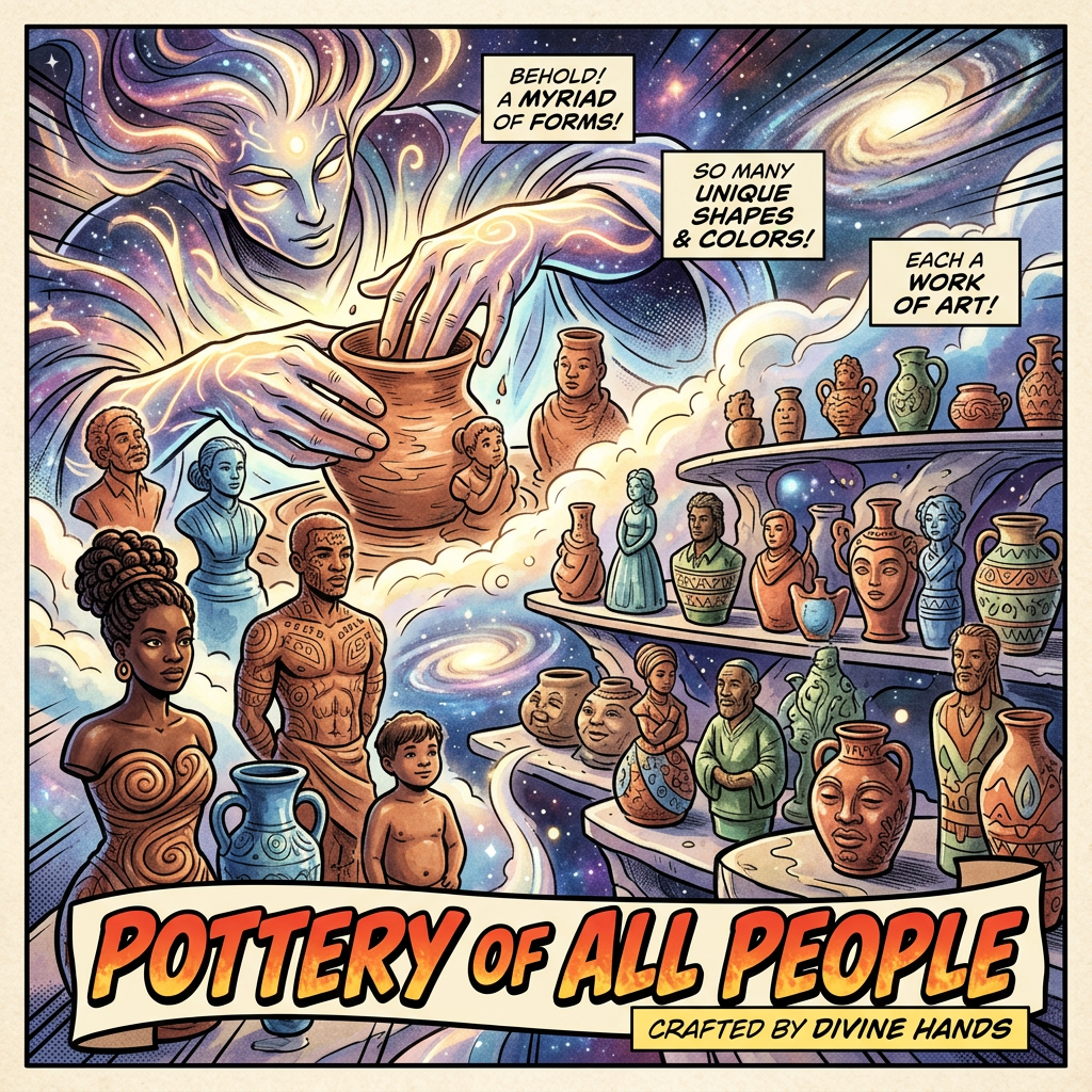Cosmic figure molding pottery vessels and figurines symbolizing different peoples and cultures