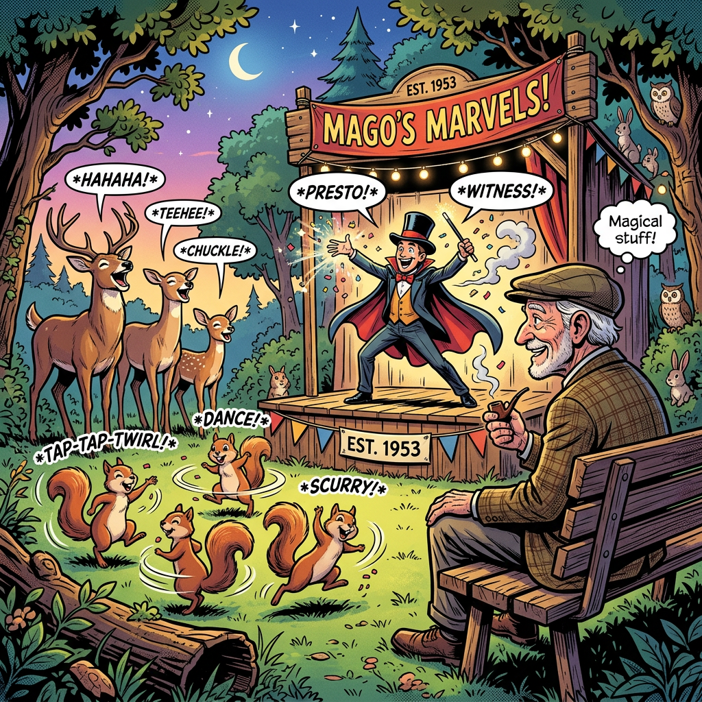 Magician performing on a wooden stage for forest animals and an elderly man in a woodland setting at night