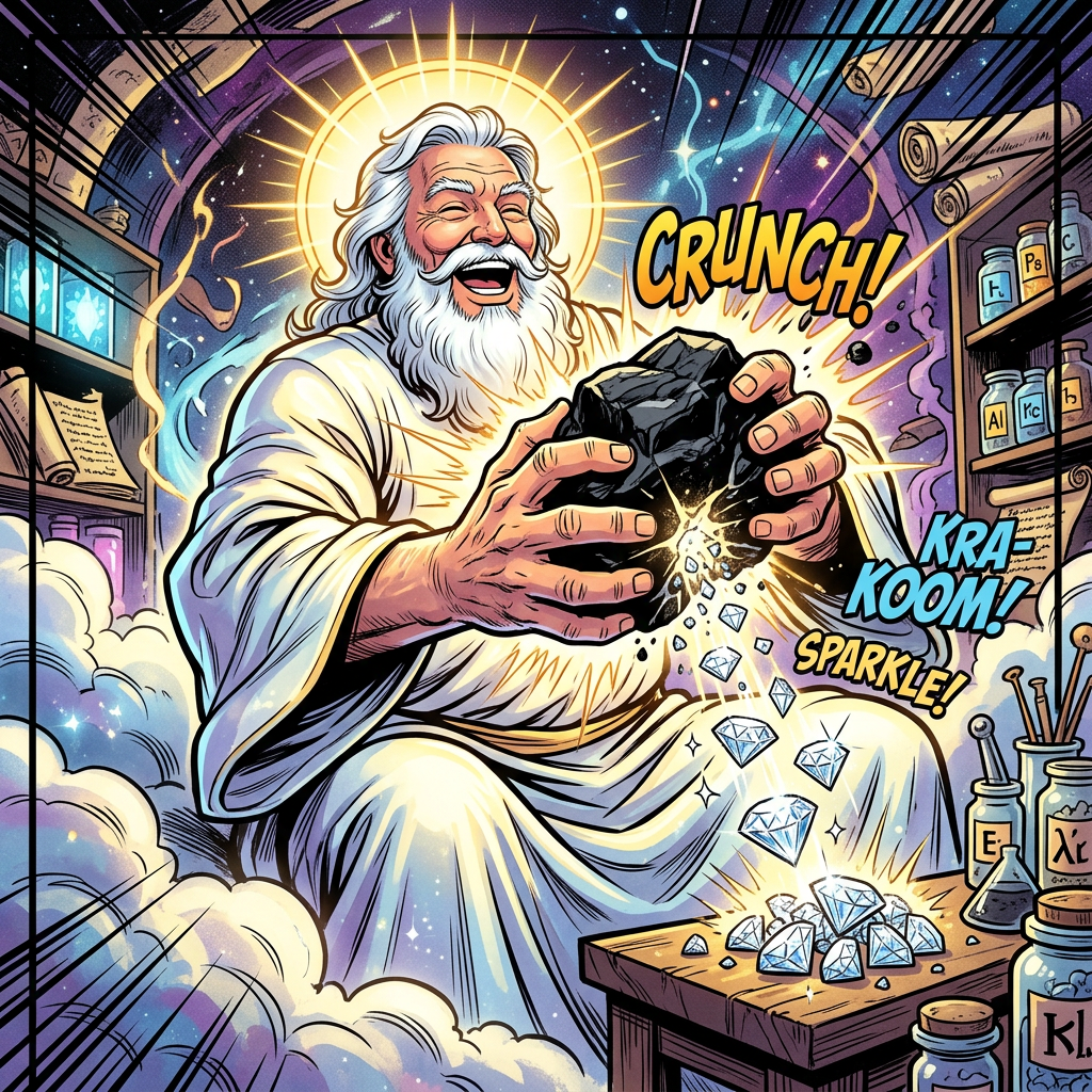 Deity in white robe breaking a black stone to reveal diamonds