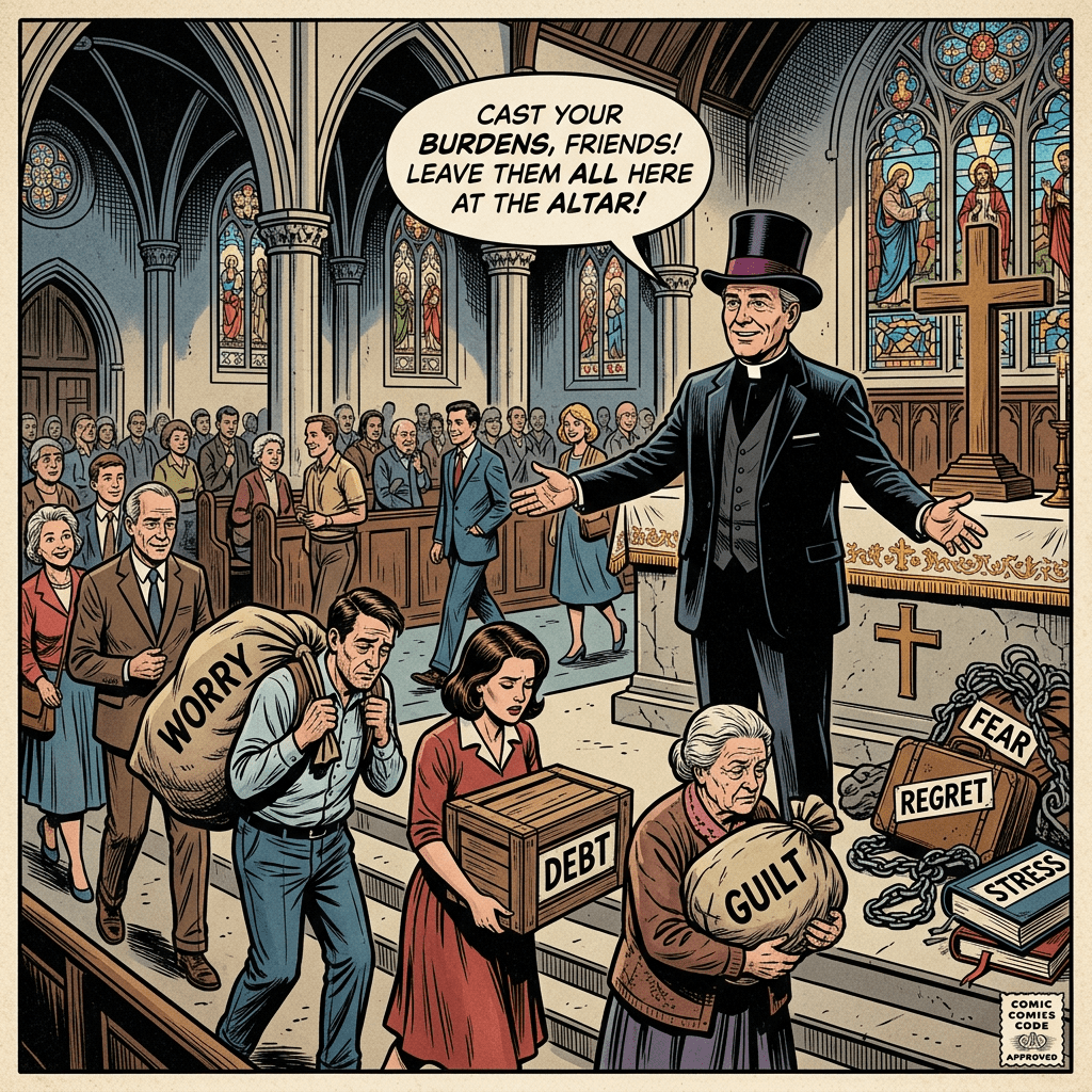 People leave burdens in church, minister top hat