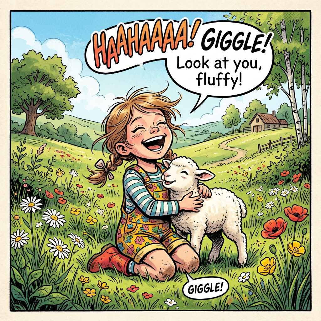 Little girl laughing with lamb in peaceful meadow