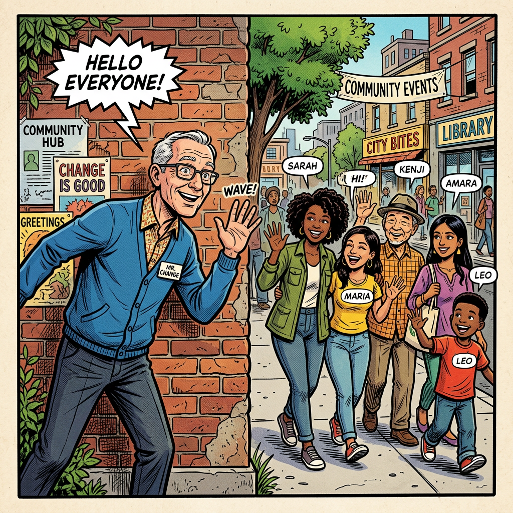 Mr. Change waving to a group of smiling neighbors during a community event