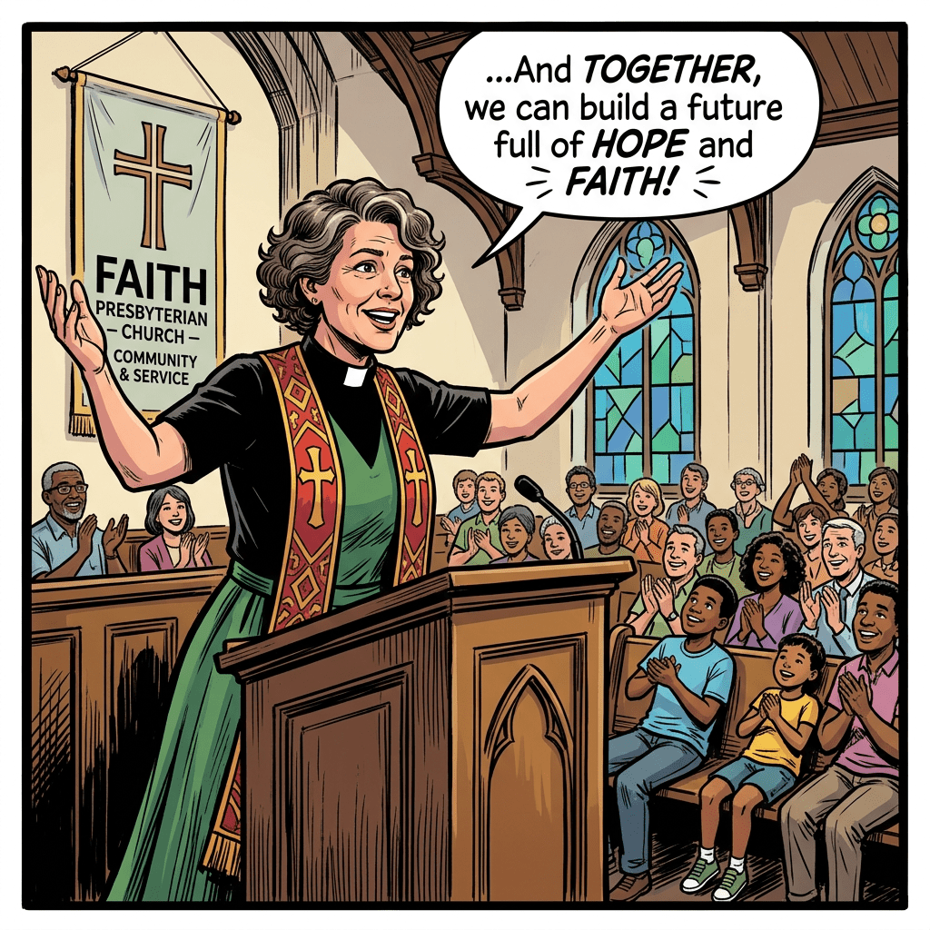 Woman pastor inspiring eager Presbyterian congregation