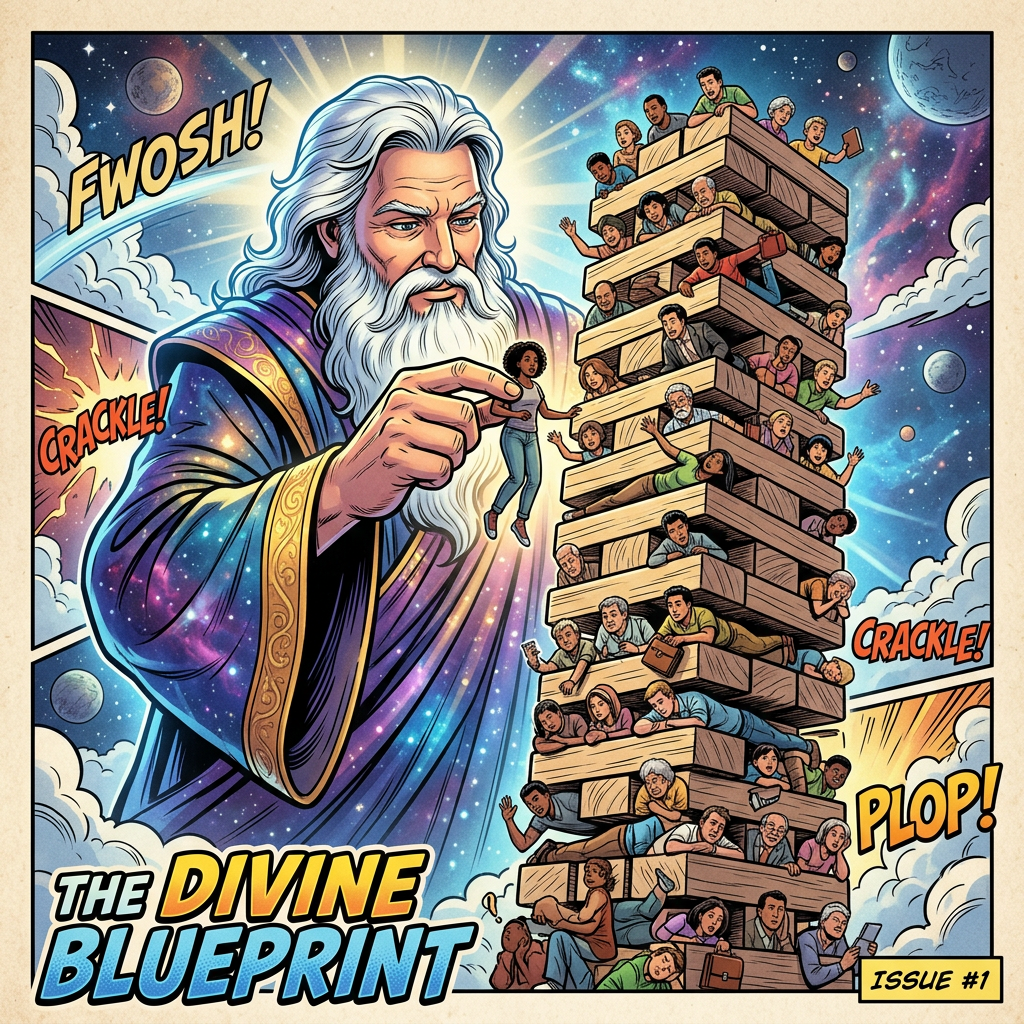 Cosmic figure with white hair and beard adjusting a tower made of wooden blocks with diverse people sitting and hanging from it in outer space