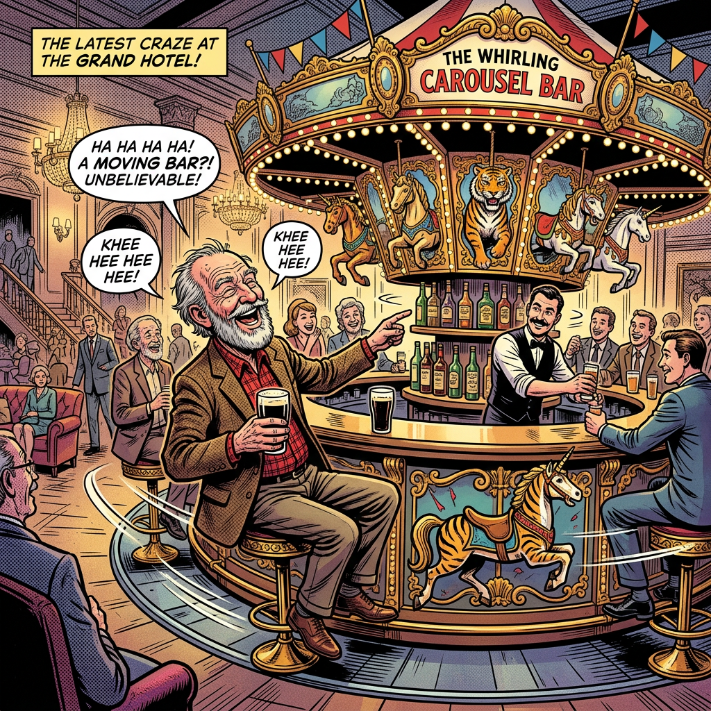 A carousel-themed bar with people laughing and socializing in a grand hotel lounge.