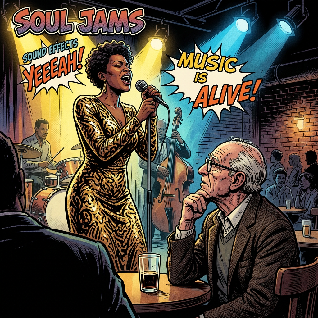 Black singer performing, old man watching