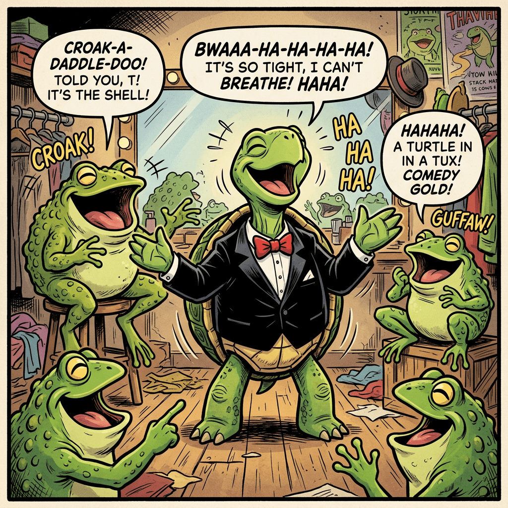 A turtle wearing a tuxedo performing comedy while frogs around laugh