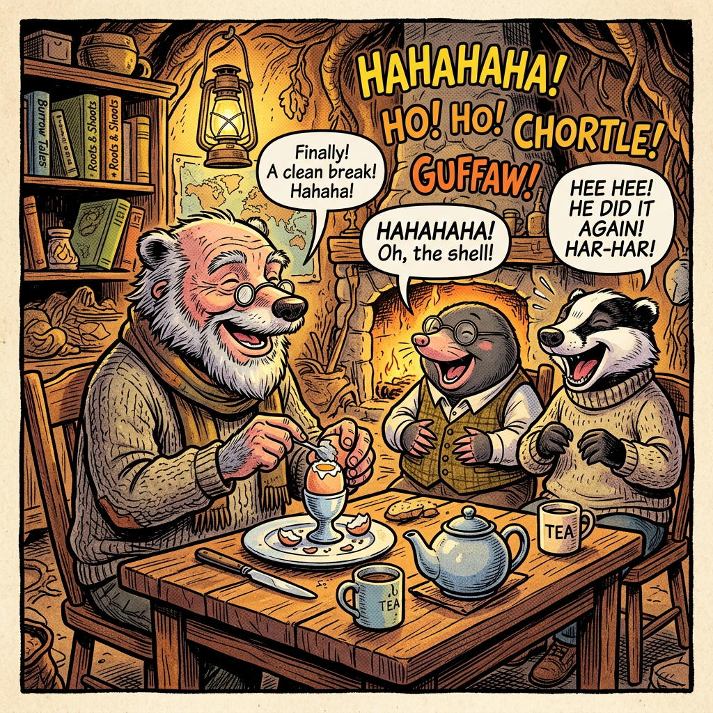 Bear, mole, and badger laughing and having tea by a fireplace