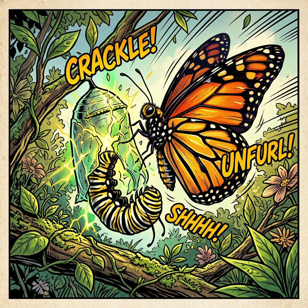 A monarch butterfly unfolding wings while emerging from chrysalis on a tree branch