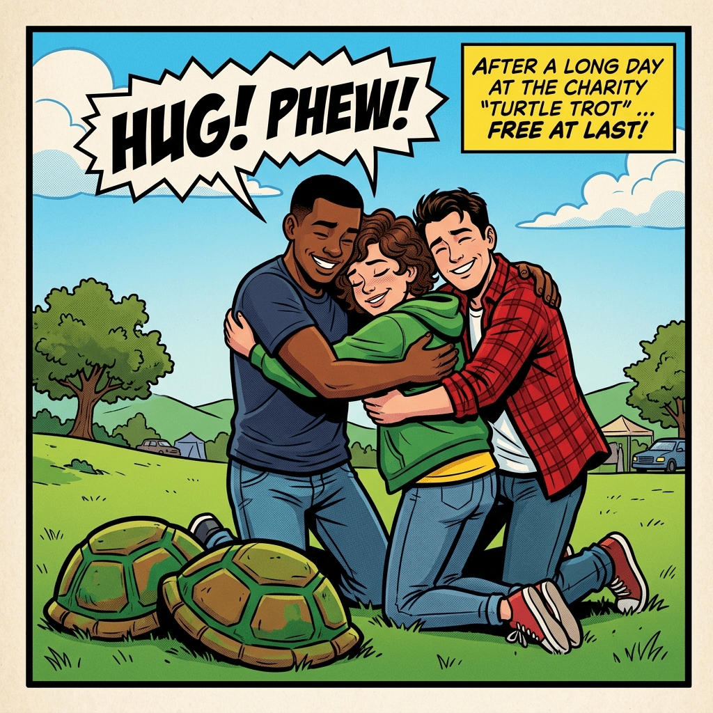 Friends remove turtle shells and embrace together