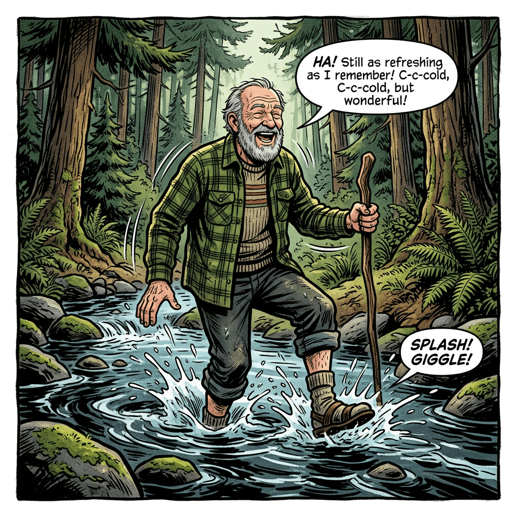 Old man wades into cold forest creek laughing