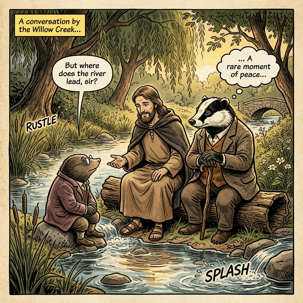 Man and two animals dressed in clothing sitting by a creek having a conversation