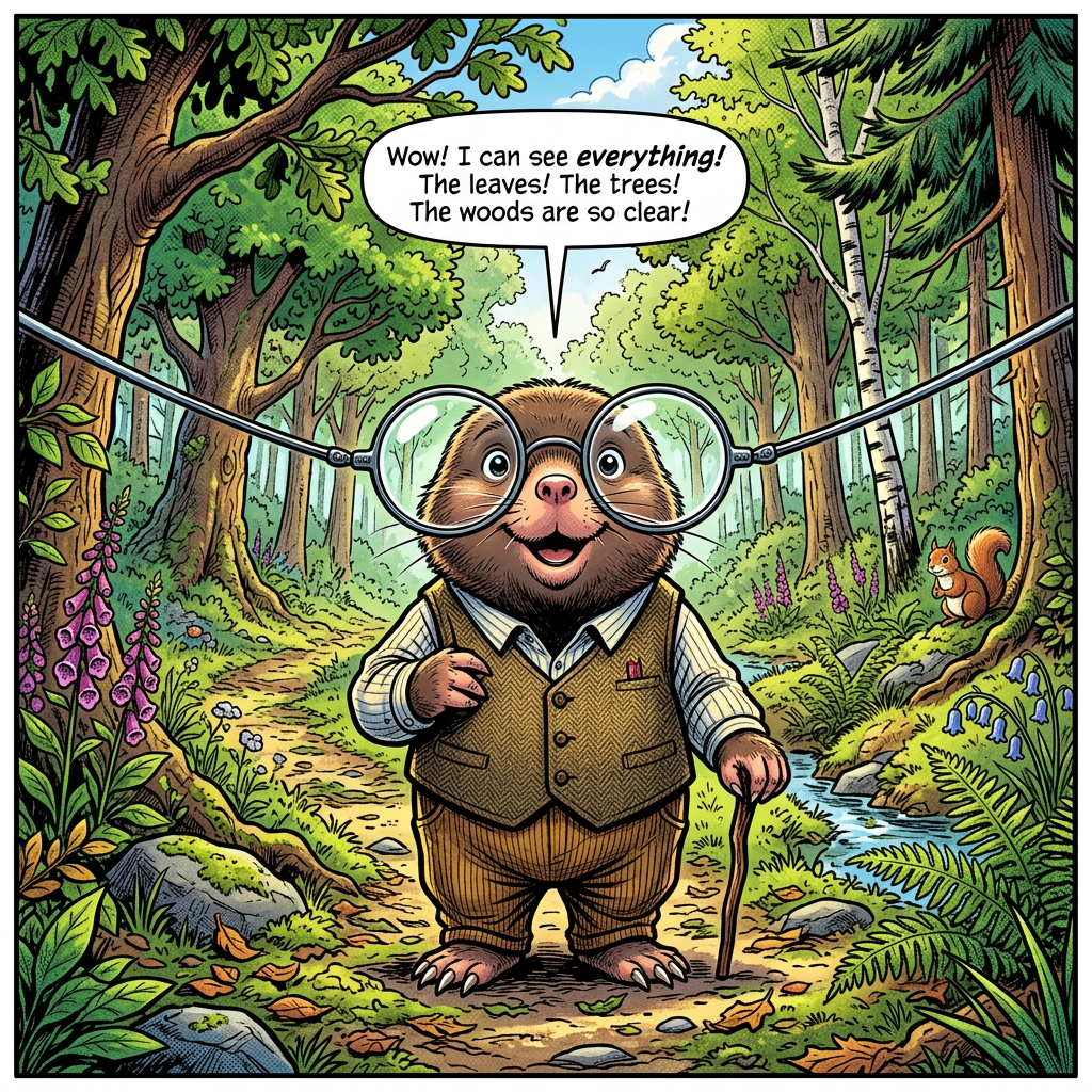 Mr Mole wearing spectacles, seeing woods clearly