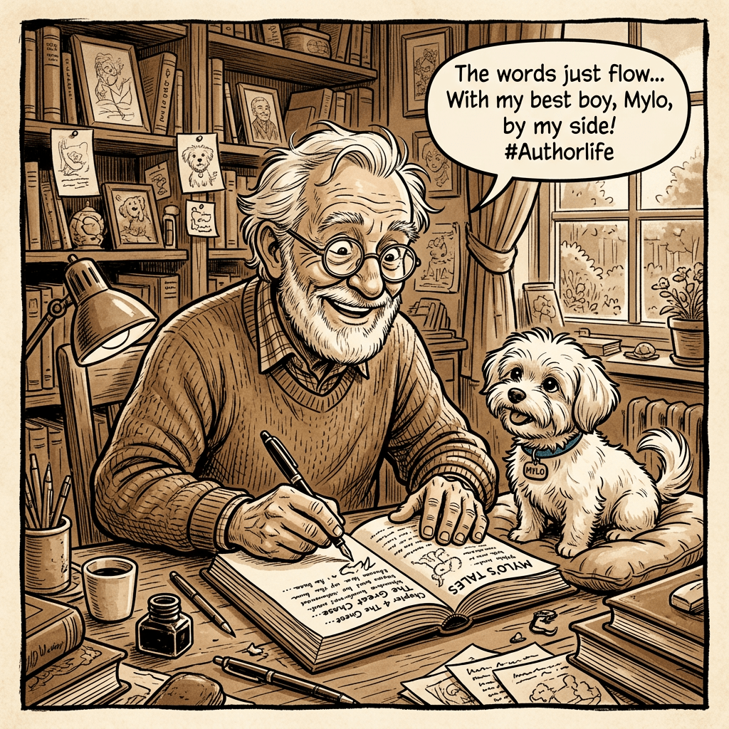 Old man writing joyfully with Maltese Mylo, sepia