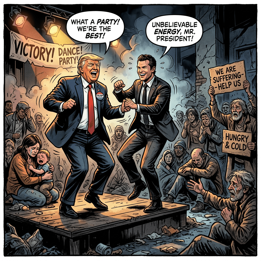 Two men in suits dance on a stage with a 'Victory! Dance! Party!' banner while homeless and suffering people hold signs saying 'We are suffering - help us' and 'Hungry & cold'