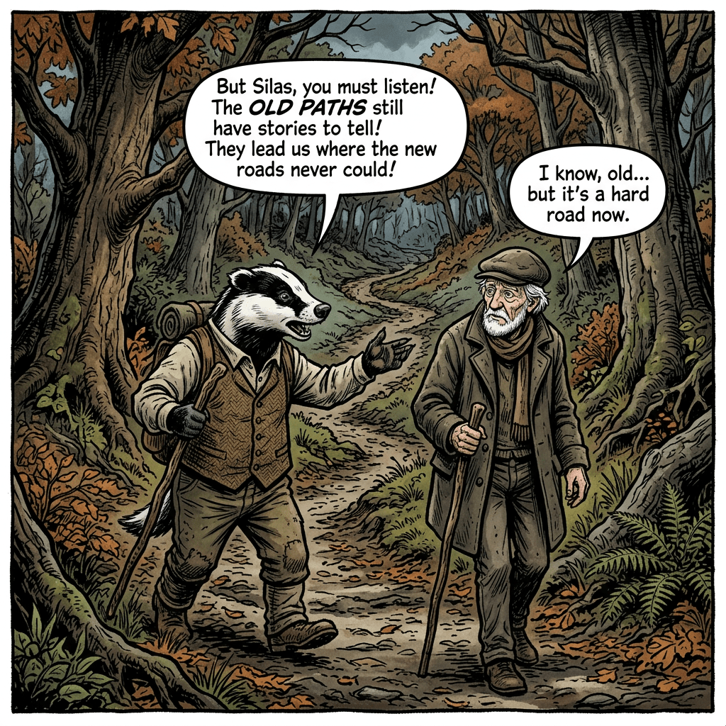 Mr Badger urges Old Man about old paths