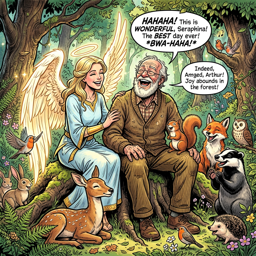 An angel with glowing wings and halo, and an elderly man in rustic clothing, sitting together on a tree root and laughing joyfully surrounded by various forest animals including a deer, rabbits, squirrel, fox, badger, owl, hedgehog, and birds