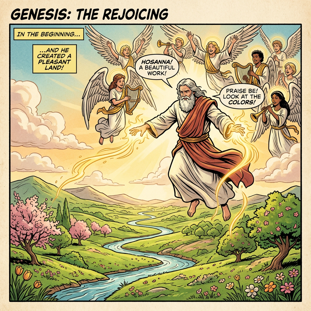 God creating a pleasant land with flowing river while angels play instruments and rejoice