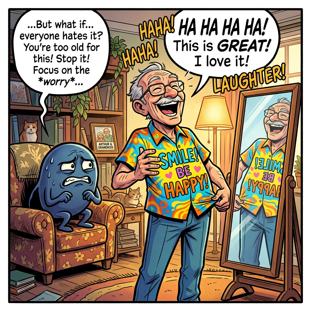 Old man laughing, trying happy shirt, Anxiety watching