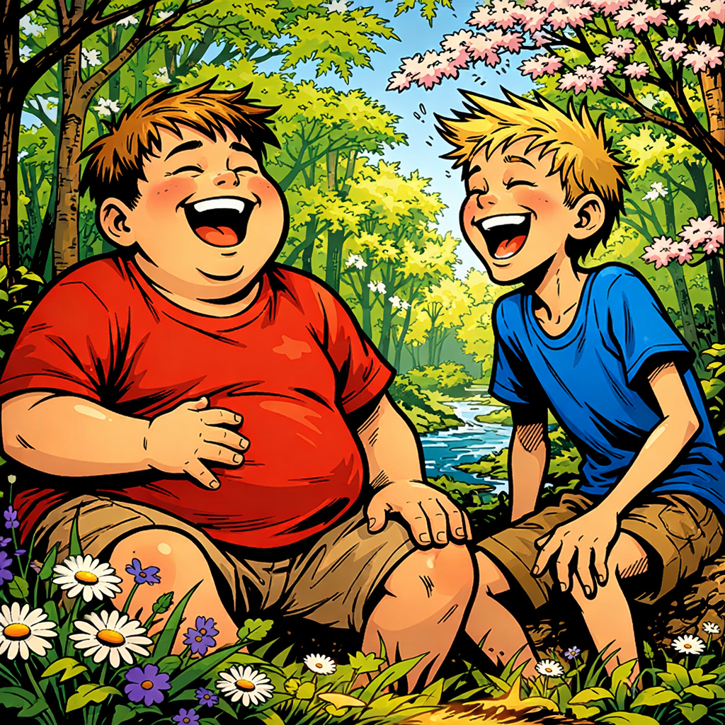 Two boys laughing together in a forest surrounded by flowers and trees