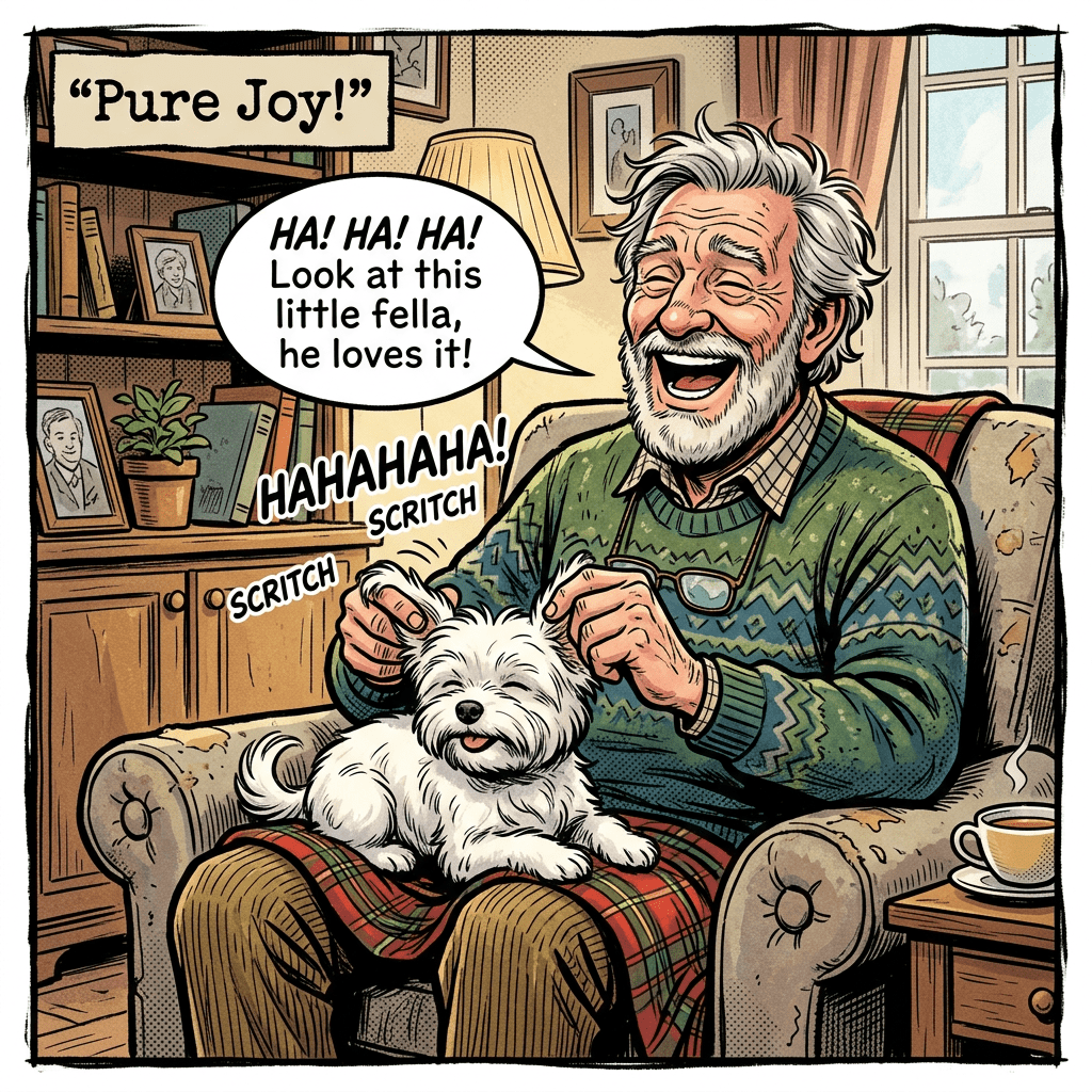 Old man laughing, rubbing Maltese ears