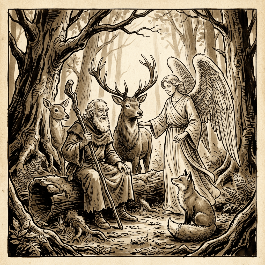 Elderly man with staff sitting on log beside an angel and deer in forest