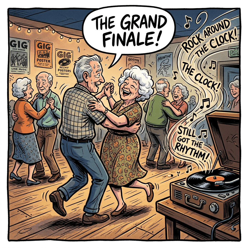 Elderly couples dancing happily in a warmly lit room with music notes and vintage posters on walls