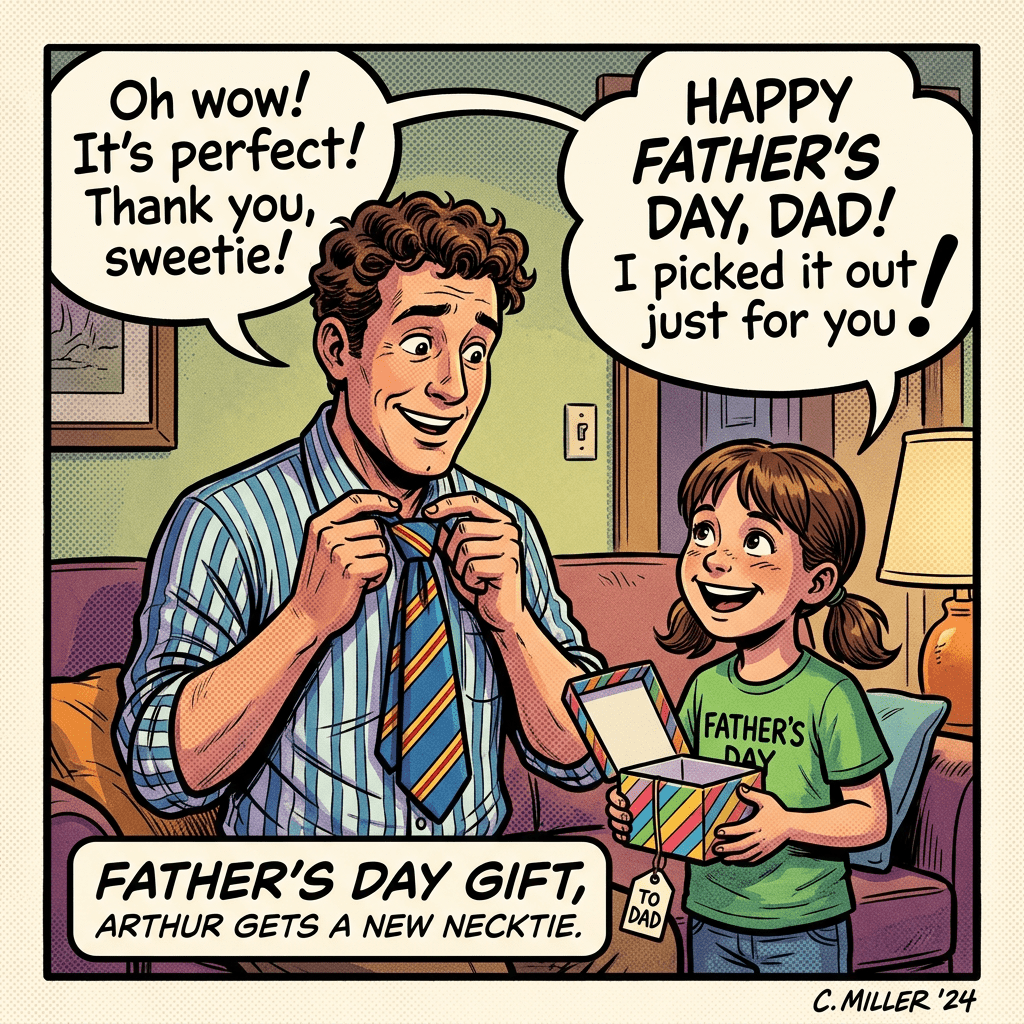 Father smiling while holding a new necktie given by his daughter for Father's Day