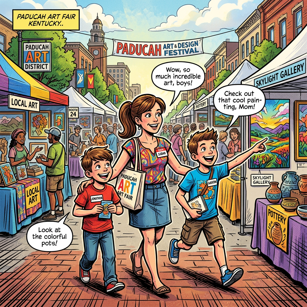 Mother with two boys exploring art booths at Paducah Art and Design Festival