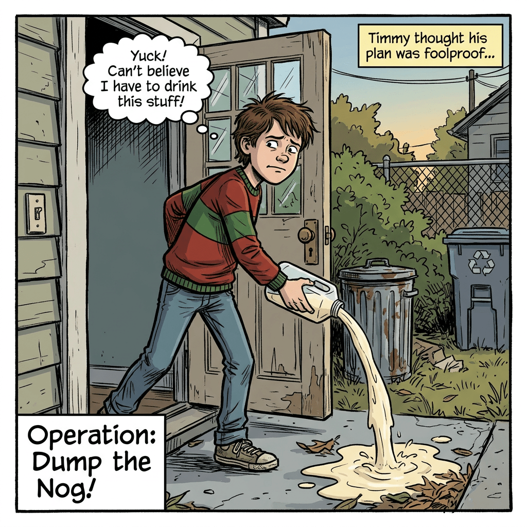 Boy pouring out a white liquid outdoors with thought bubble saying he hates the drink