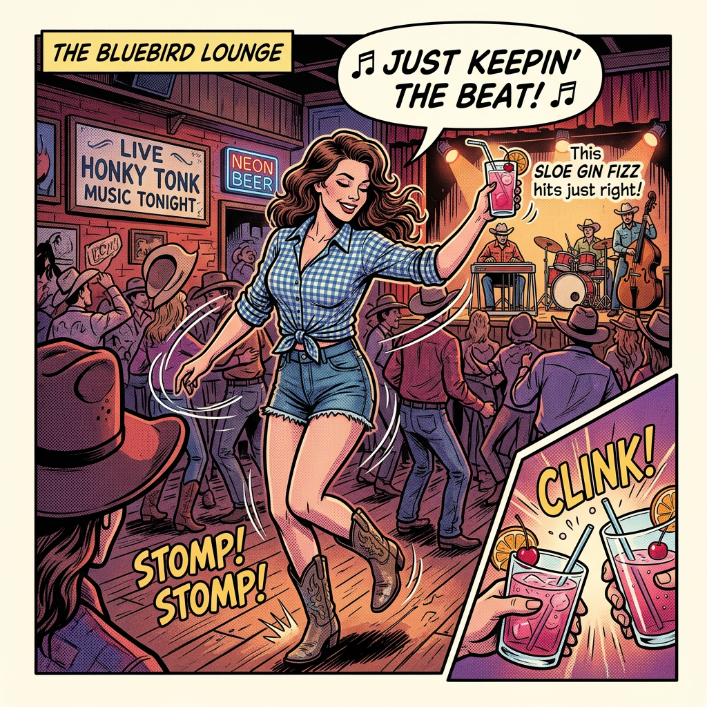Woman dancing in cowboy boots at a country bar with a live honky tonk band