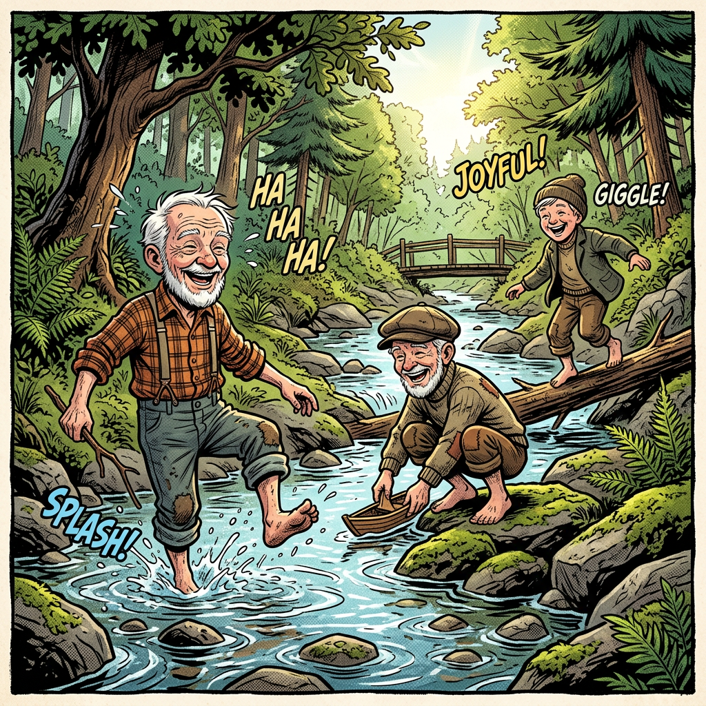 Three males of different ages happily playing in a forest stream with splashing water and toy boat