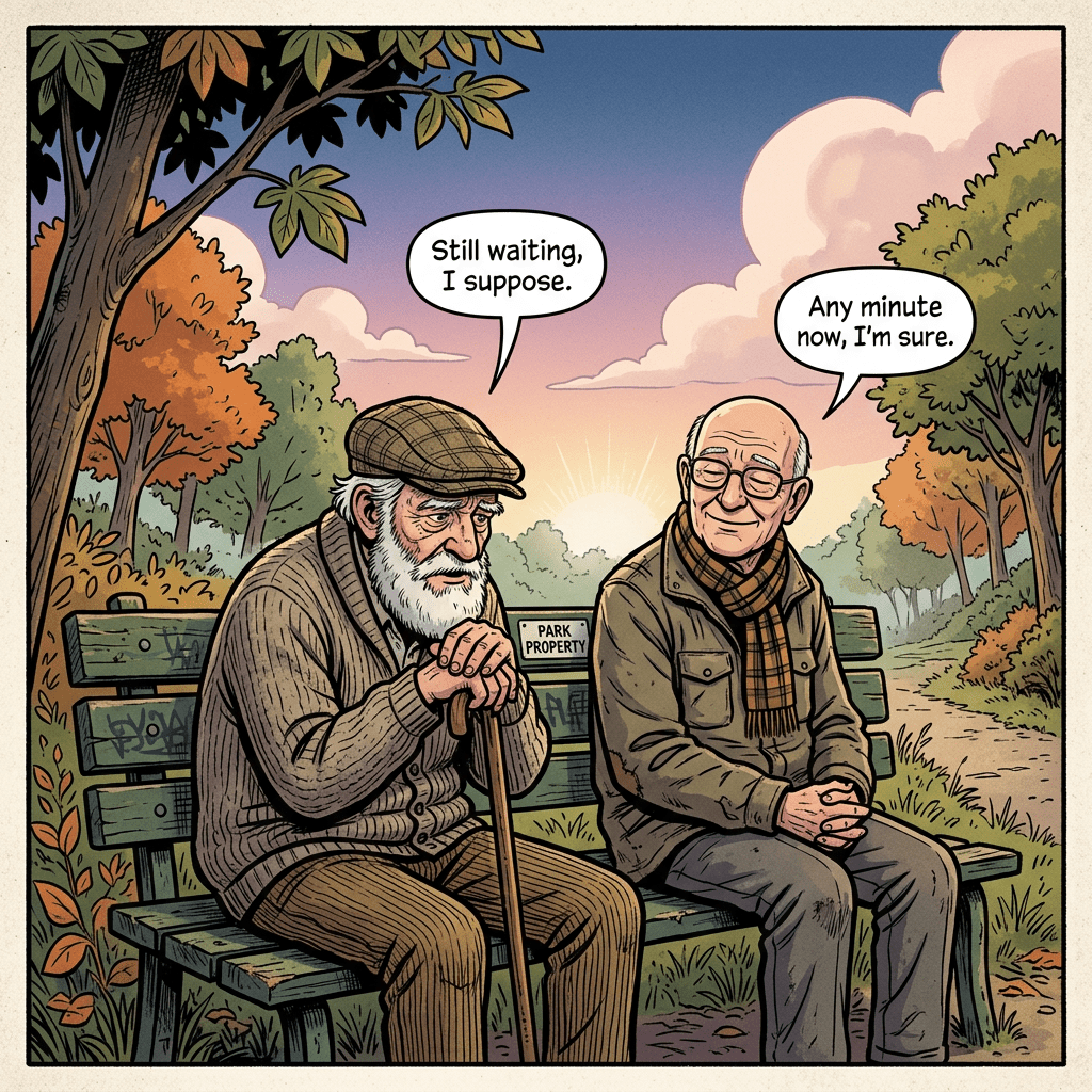Two elderly men sitting on a park bench talking, one with a cane and the other wearing a scarf.