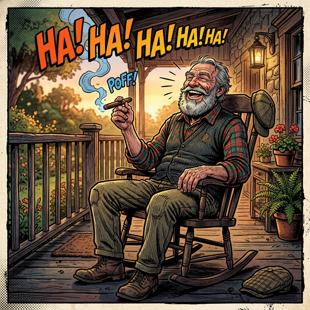 Old man laughing smoking cigars on porch