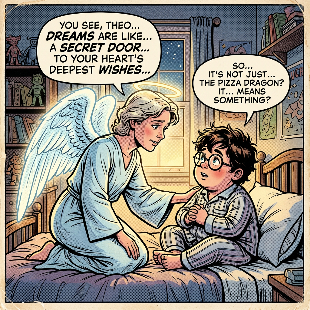 An angel with wings and a halo talks to a boy in pajamas sitting on a bed, discussing dreams as a secret door to wishes.