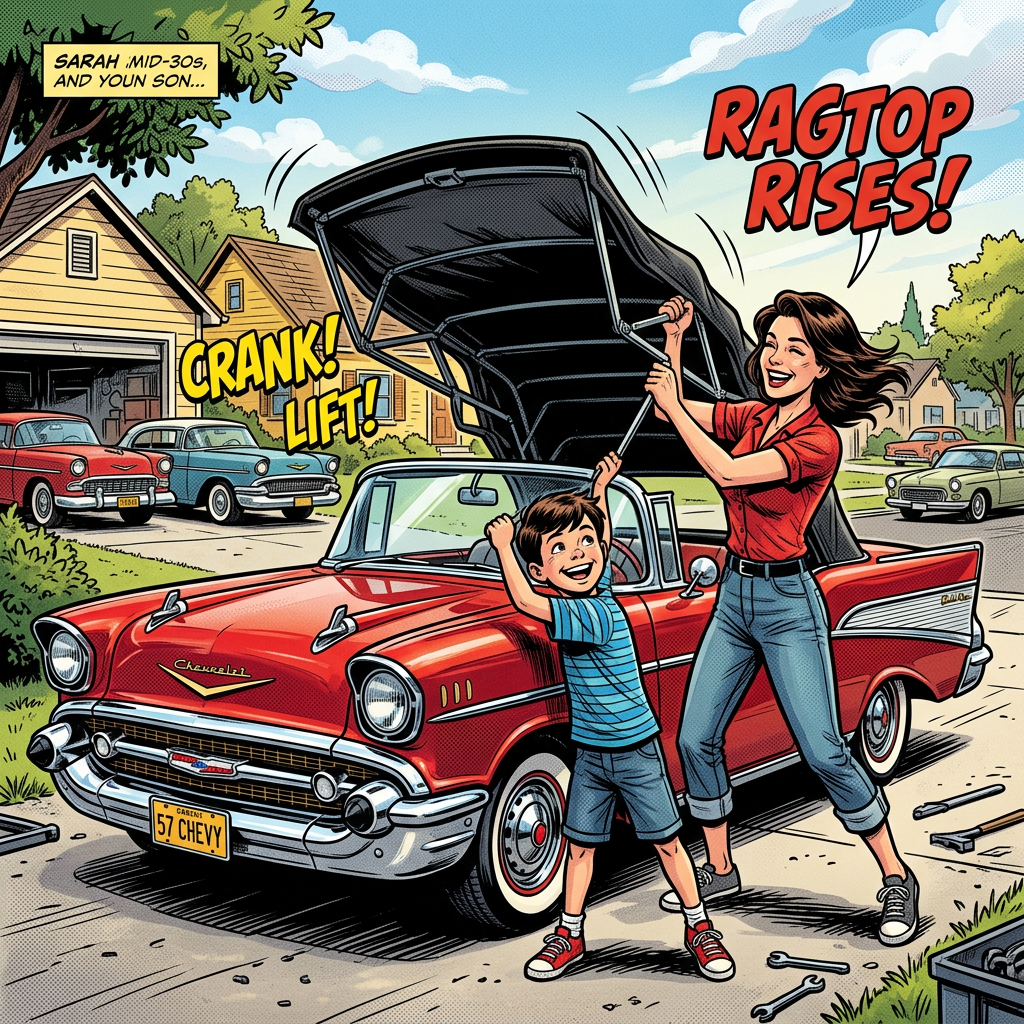 Brunette mom, son raise 57 Chevy ragtop