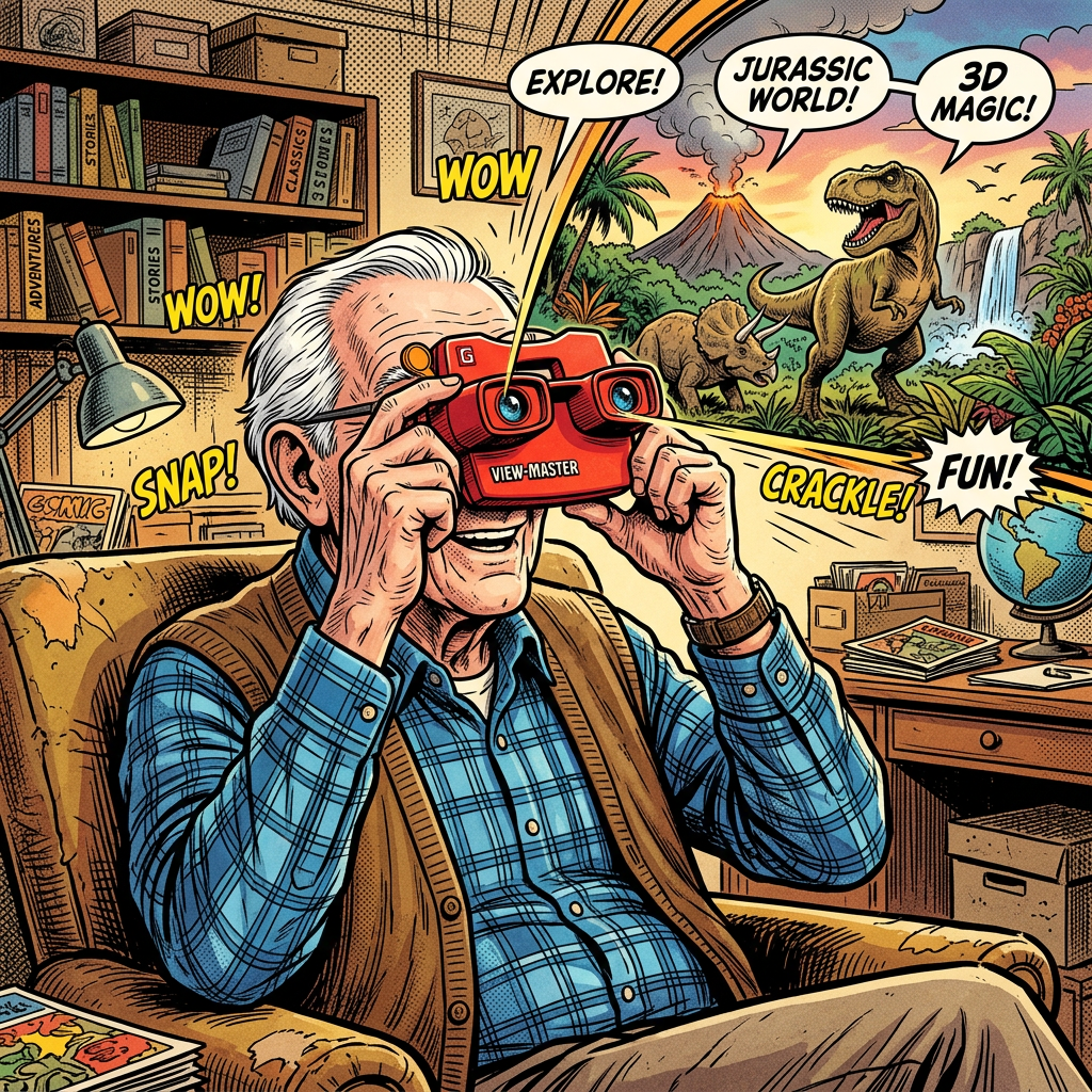 Old man using View-Master, vibrant 3D scene