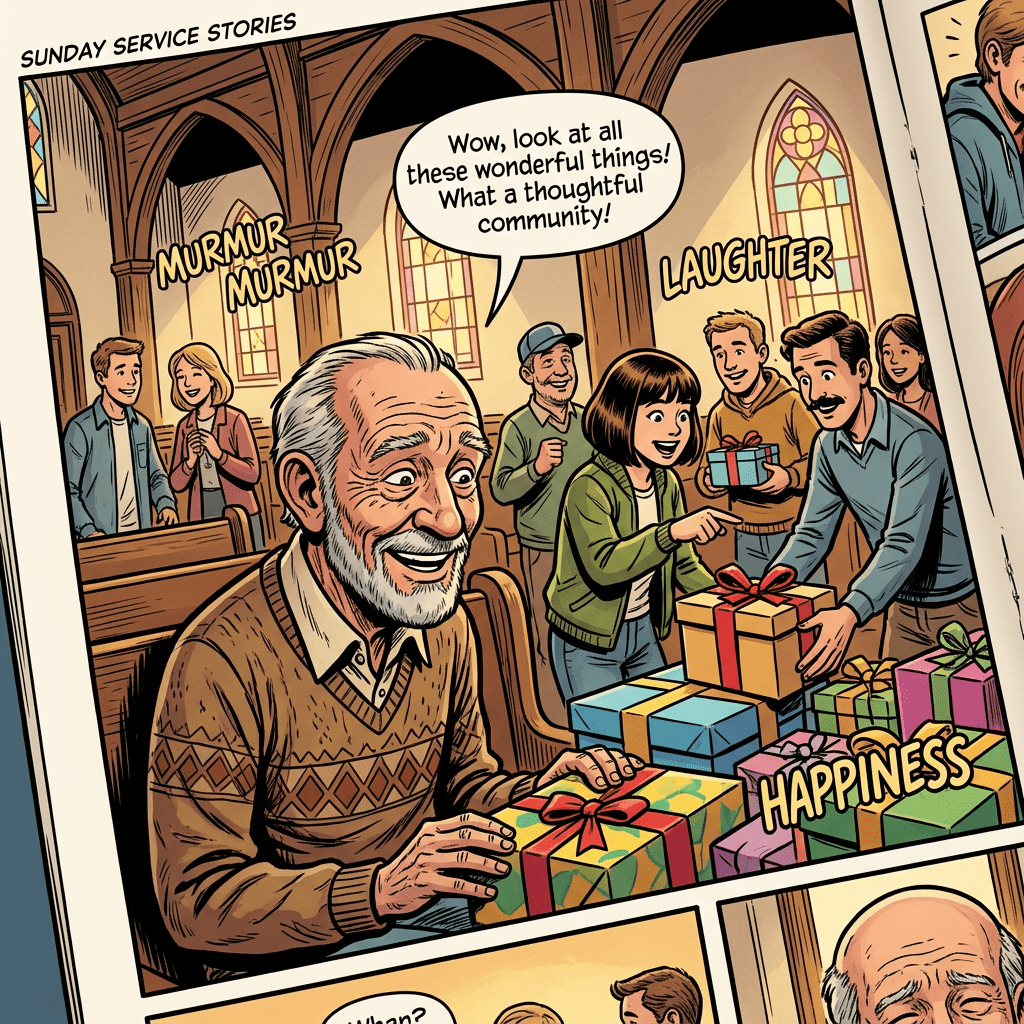 Old man smiling at others' gifts in church