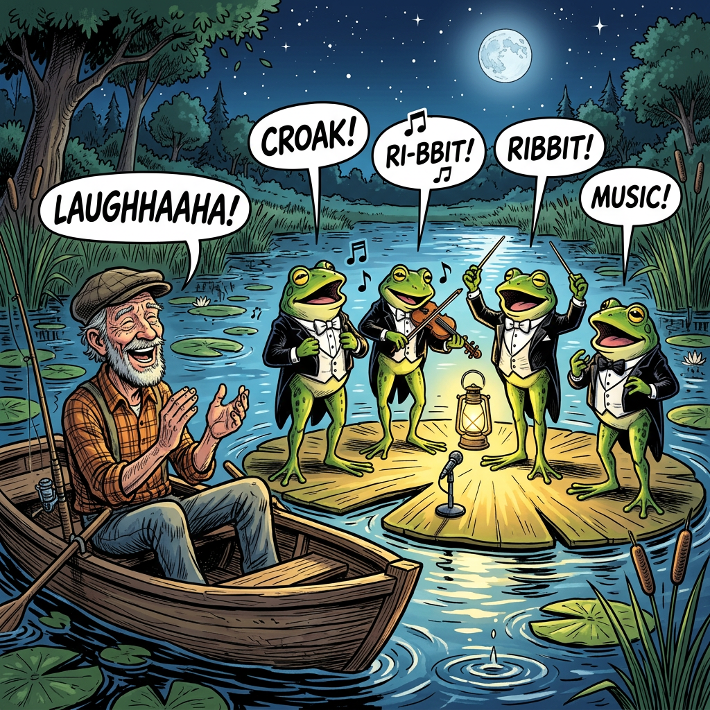Frog quartet in tuxedos playing music and singing on lily pad with an elderly man laughing in a rowboat