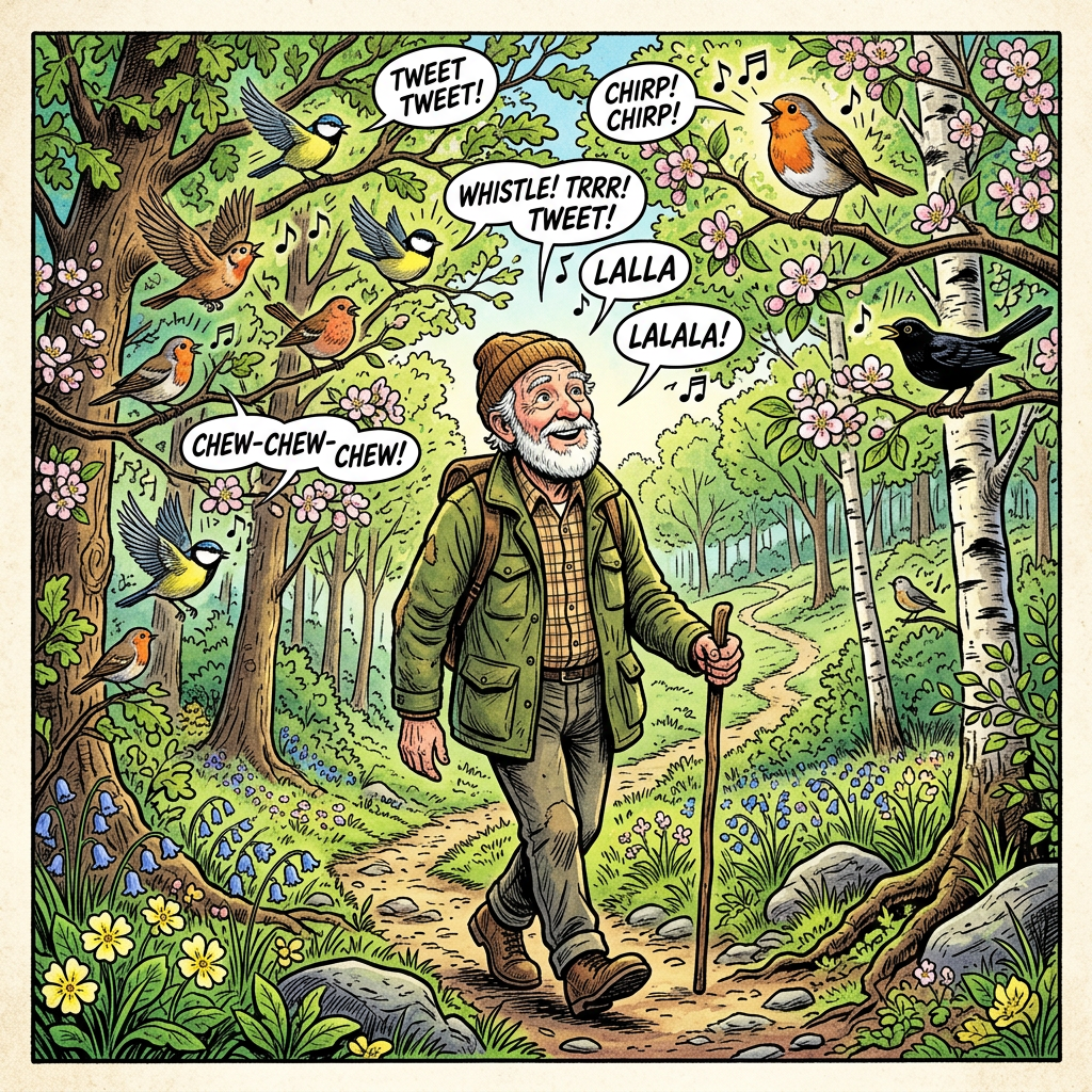 Elderly man with walking stick surrounded by birds singing in a forest