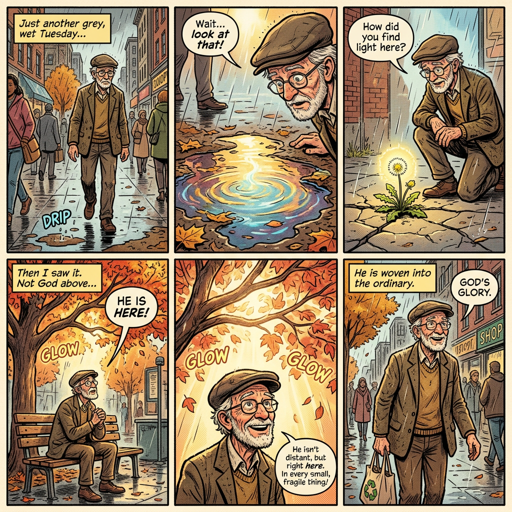 Elderly man notices glowing light in a puddle and a glowing dandelion in city streets