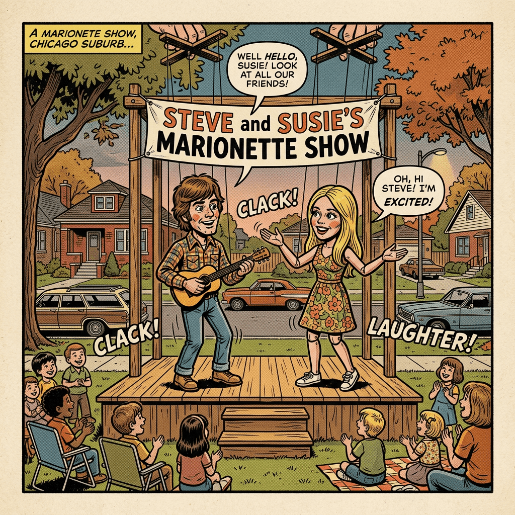 Two puppeteers on a wooden stage entertaining an audience of children outside in a suburban neighborhood