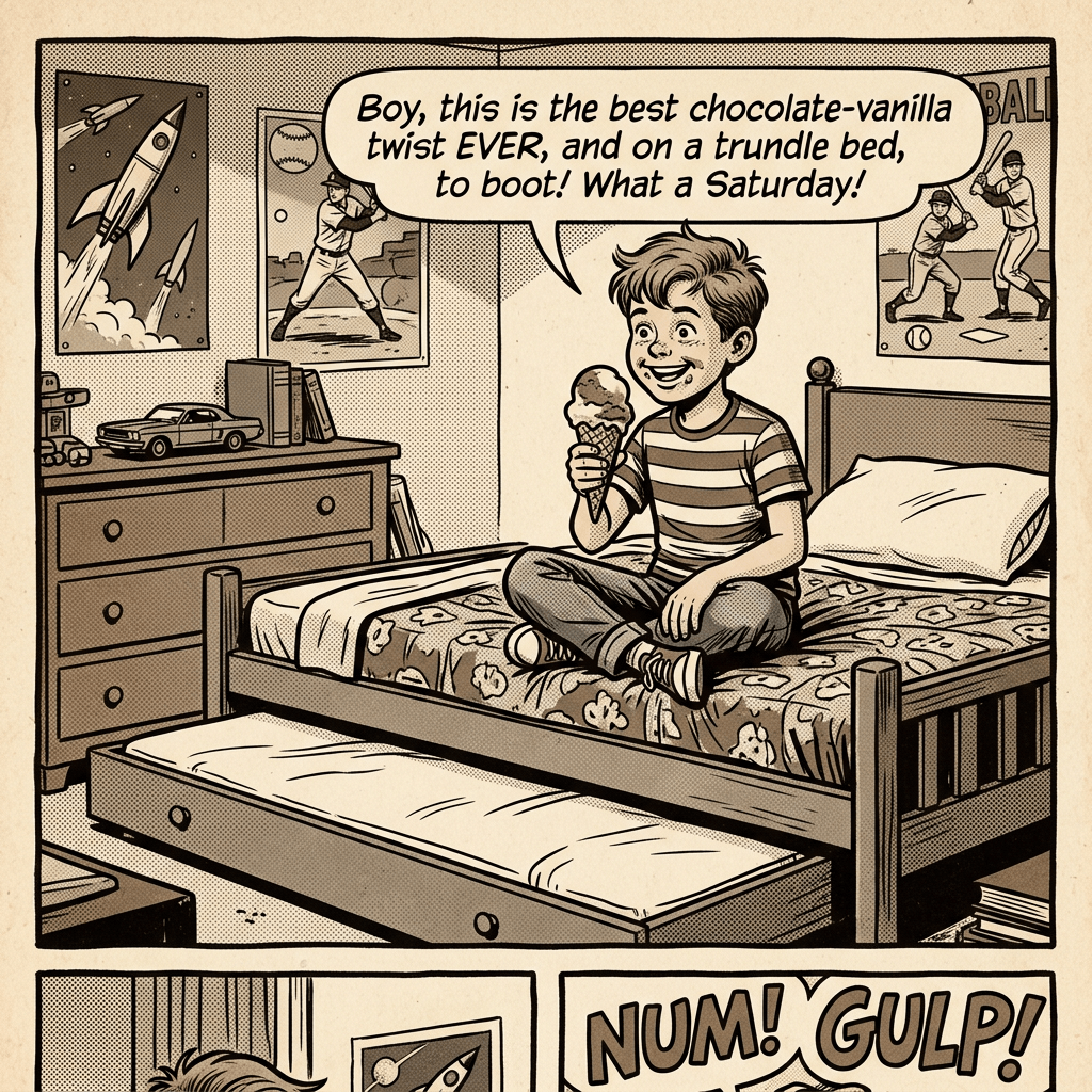 A boy sitting cross-legged on a trundle bed eating a chocolate-vanilla ice cream cone