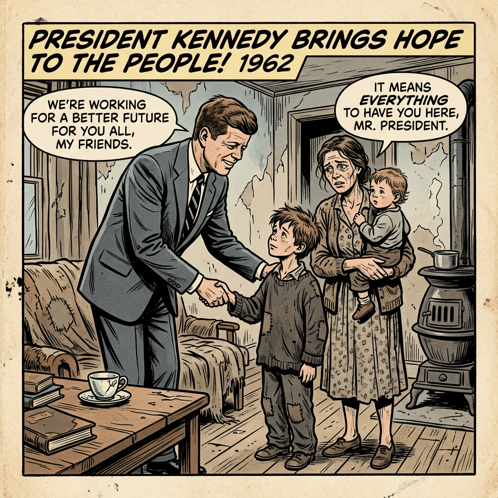 President Kennedy shaking hands with a young boy in worn clothes while a mother holds a baby in a modest room