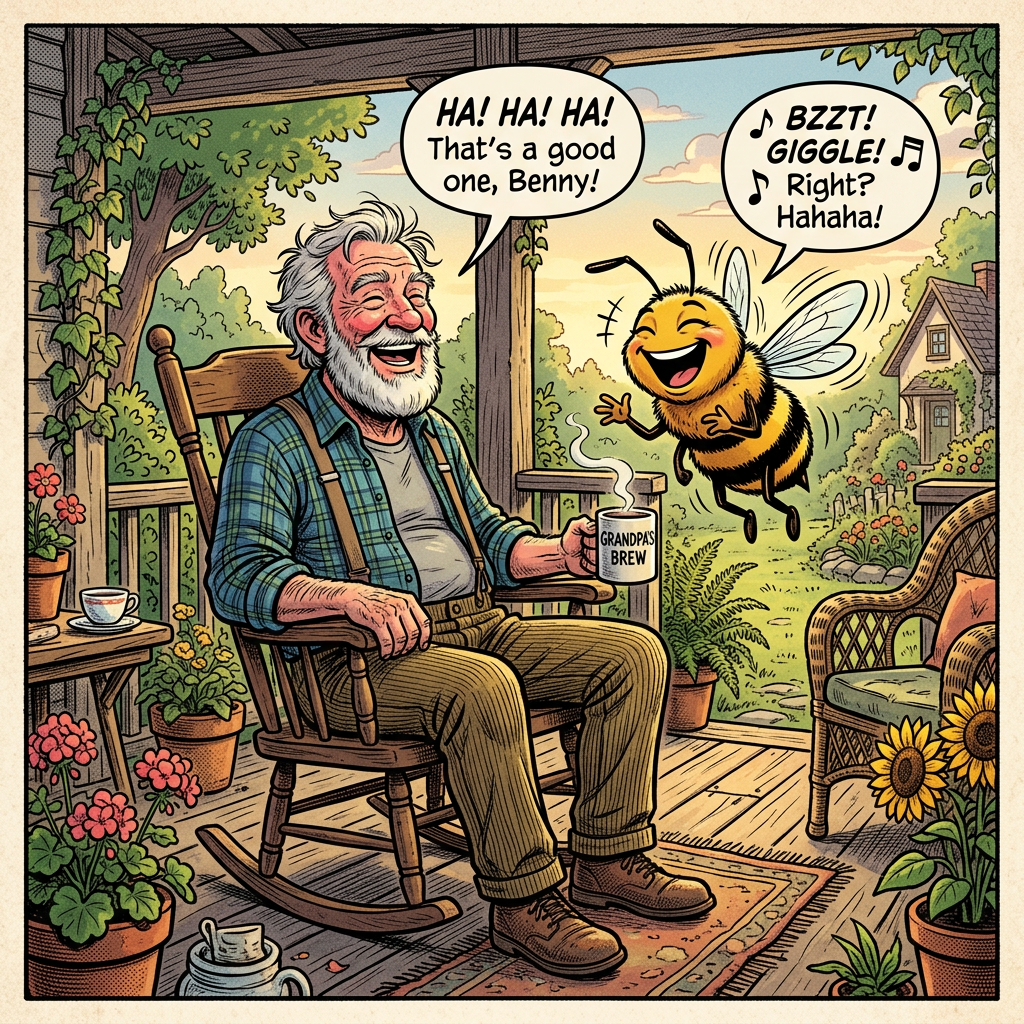 Elderly man laughing in rocking chair holding a mug labeled Grandpas Brew and a smiling bee flying nearby with speech bubbles