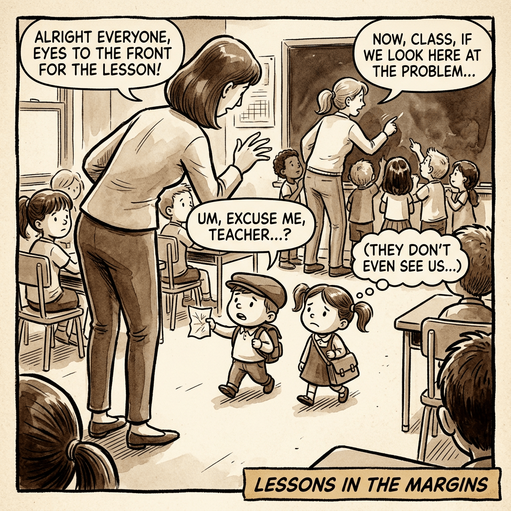Little people ignored by teacher, sepia classroom