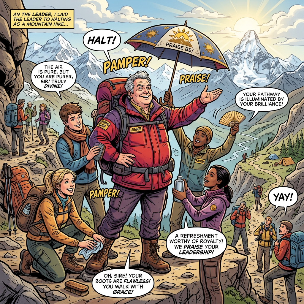 Leader halts mountain hike, attendants pamper and praise